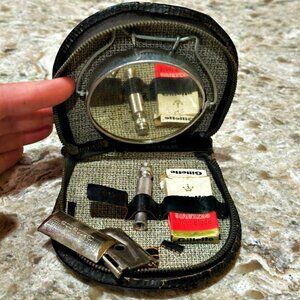 VTG Gillette Travel Vanity Razor Shave Kit Zip Up Black Leather Case Austria MCM